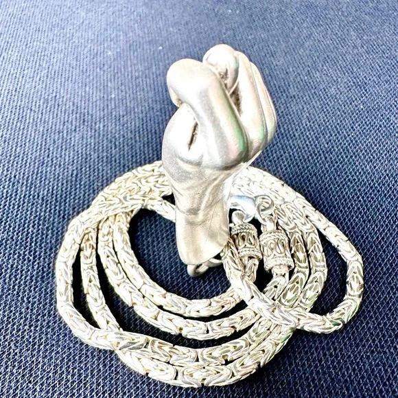 .925 Silver Figa Amulet On 24 Byzantine Chain / 80 GRAMS OF SILVER !!!